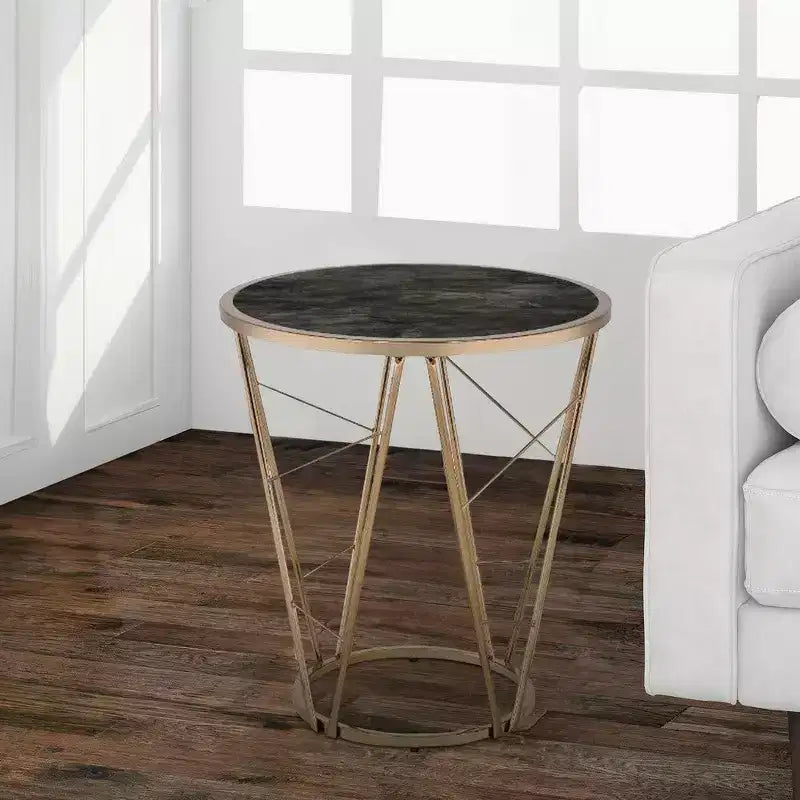 Gold Round Glass End Table with Geometric Metal Frame, Black