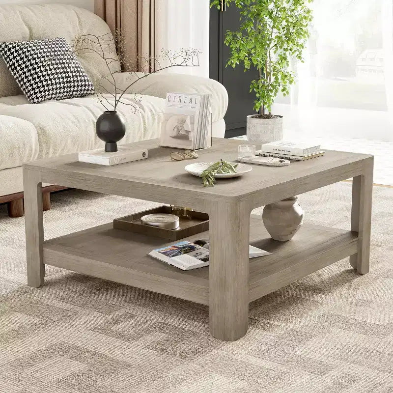 34.5 Modern Square Coffee Table with Storage, 2-Tier Center Table, Minimalist End Table for Living Room-Panipeachy