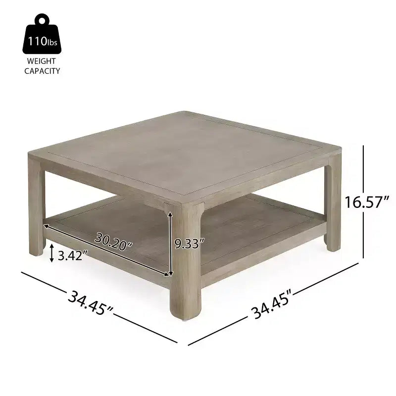 Gray Square Coffee Table, 2-Tier Open Shelf, Seats 2–4