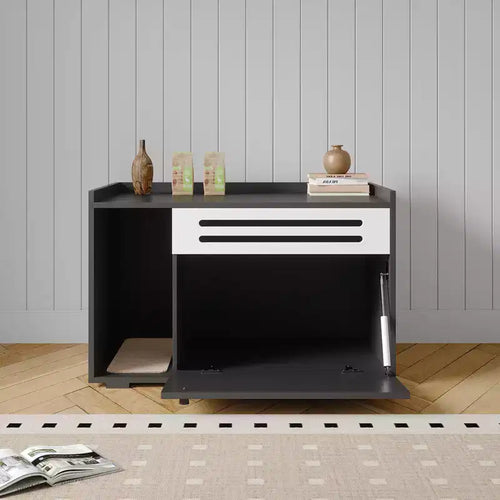 Black / Brown Ventilated Wood Cat Litter Box Enclosure, for 1–2 Cats