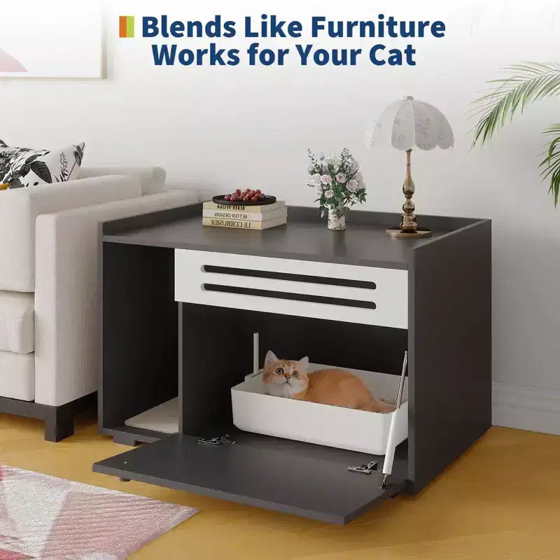Black / Brown Ventilated Wood Cat Litter Box Enclosure, for 1–2 Cats