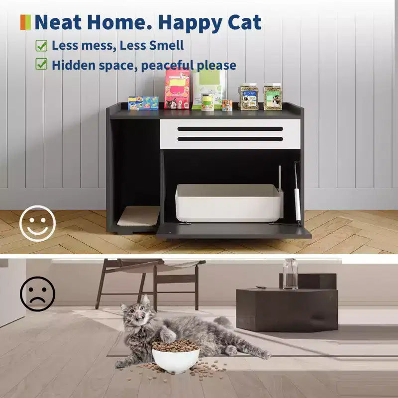 Black / Brown Ventilated Wood Cat Litter Box Enclosure, for 1–2 Cats