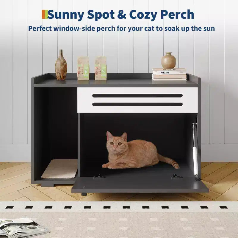 Black / Brown Ventilated Wood Cat Litter Box Enclosure, for 1–2 Cats