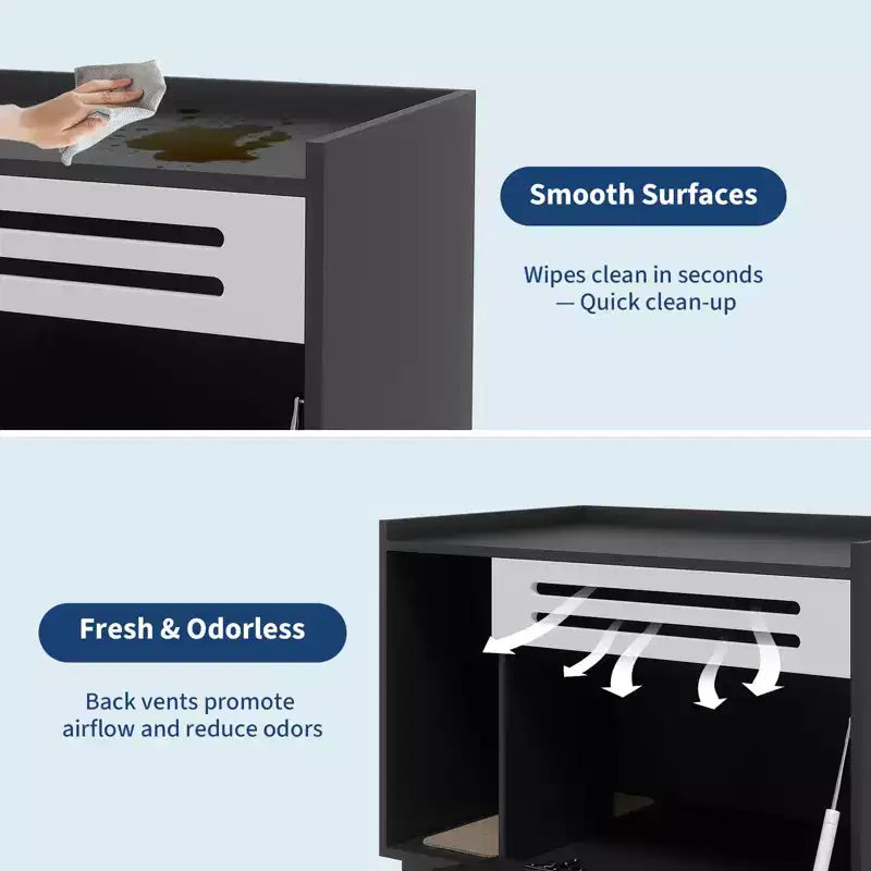 Black / Brown Ventilated Wood Cat Litter Box Enclosure, for 1–2 Cats
