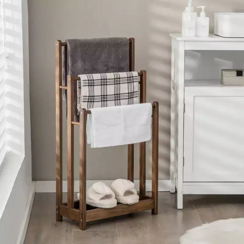 Rustic Brown 3-Bar Freestanding Towel Rack with Bottom Shelf, 1-Person