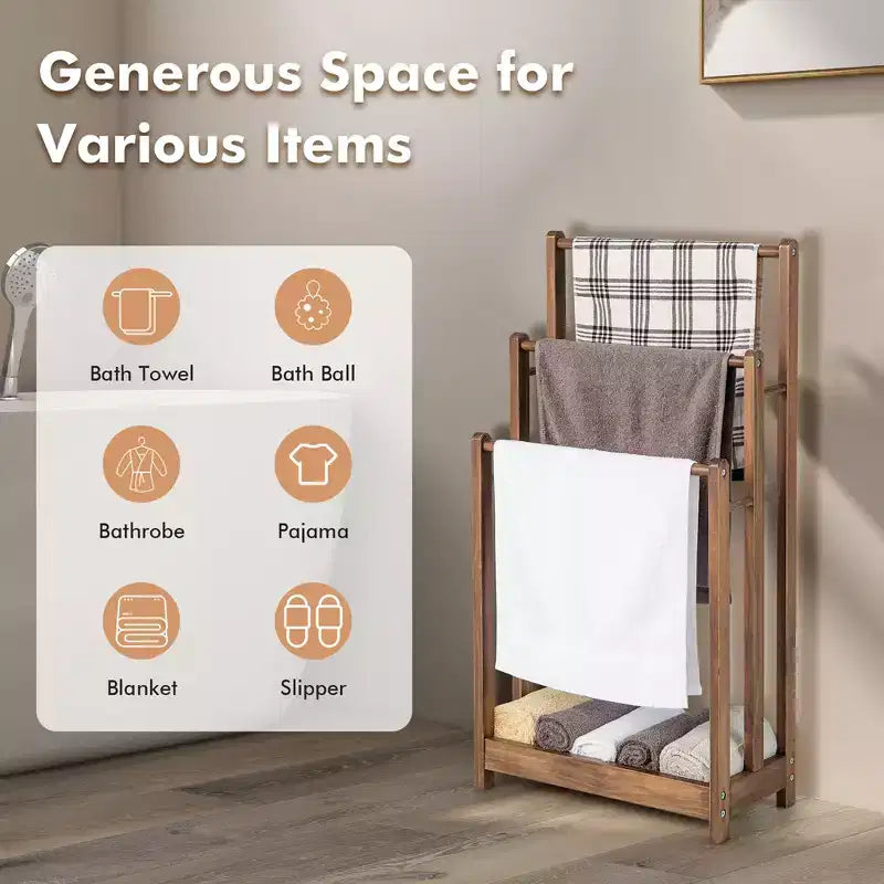 Rustic Brown 3-Bar Freestanding Towel Rack with Bottom Shelf, 1-Person
