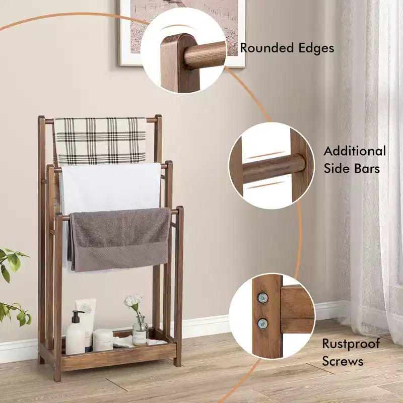 Rustic Brown 3-Bar Freestanding Towel Rack with Bottom Shelf, 1-Person