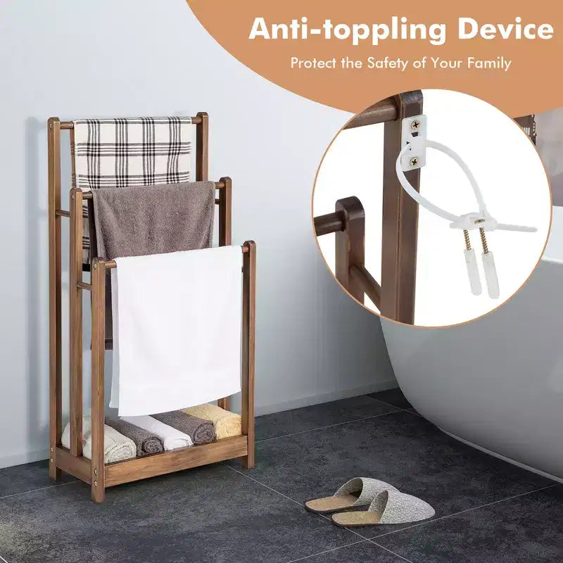 Rustic Brown 3-Bar Freestanding Towel Rack with Bottom Shelf, 1-Person