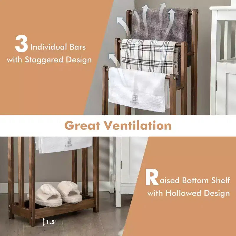 Rustic Brown 3-Bar Freestanding Towel Rack with Bottom Shelf, 1-Person