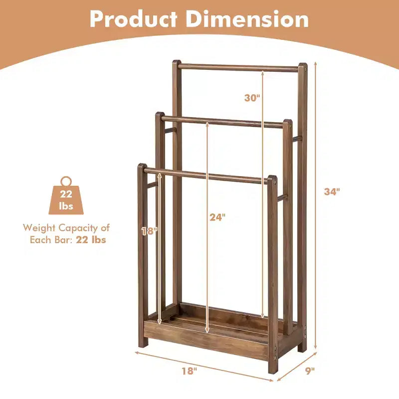 Rustic Brown 3-Bar Freestanding Towel Rack with Bottom Shelf, 1-Person