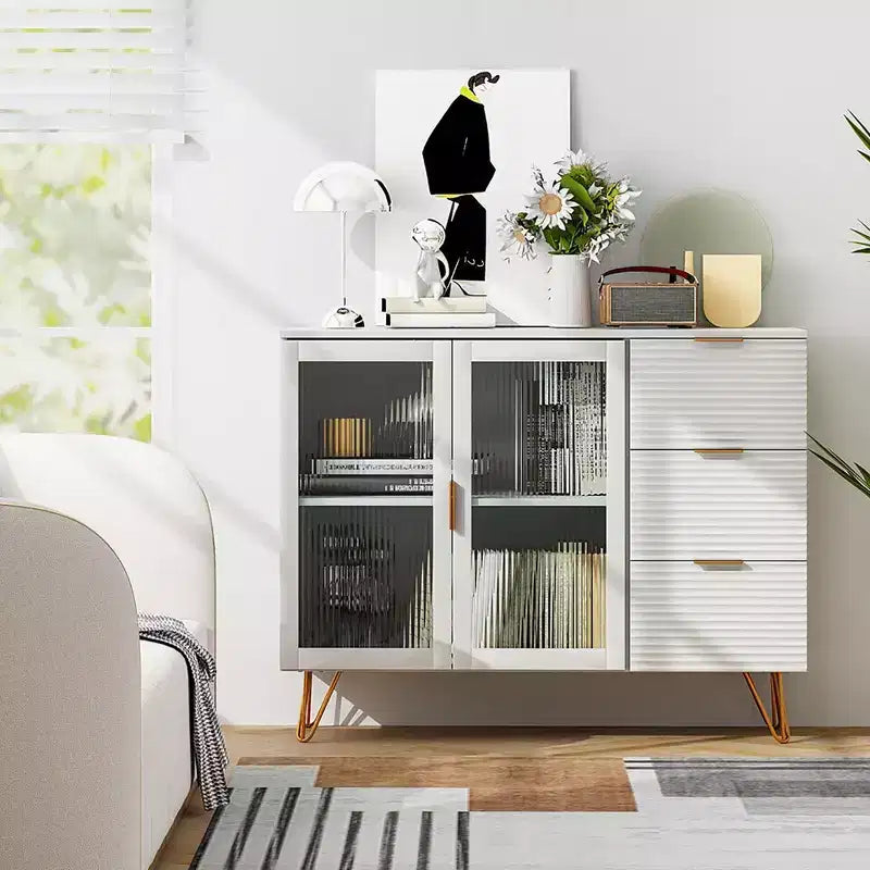 White Kitchen Sideboard Buffet Cabinet with 3 Drawers and 2 Doors