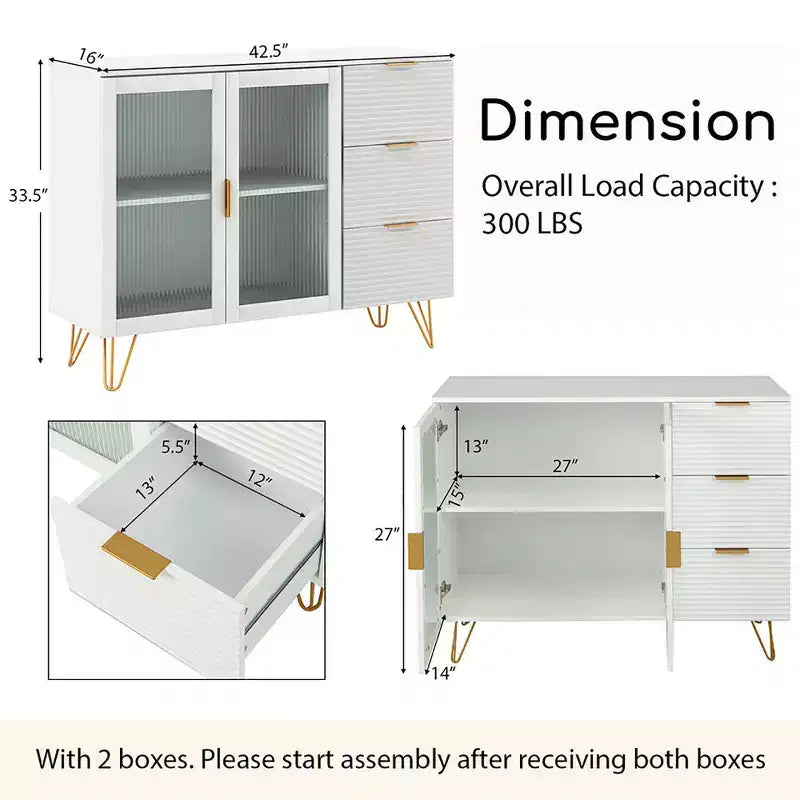 White Kitchen Sideboard Buffet Cabinet with 3 Drawers and 2 Doors