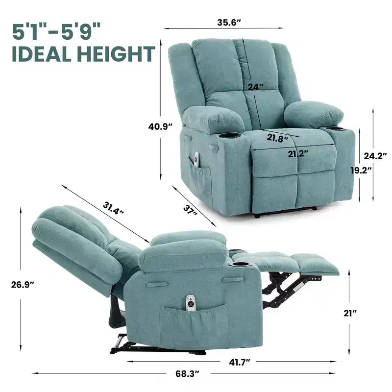 Brown / Light Blue Single-Seat Recliner Chair with Massage & Heating