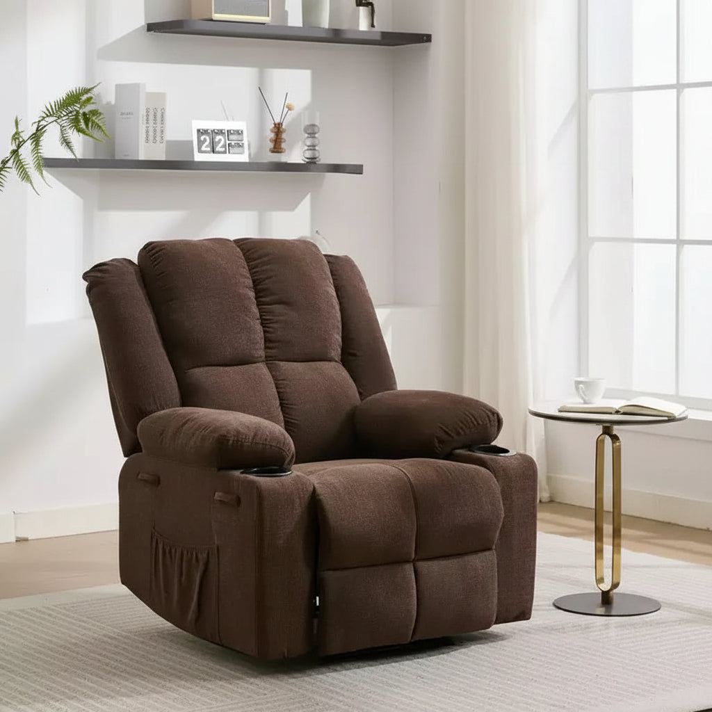 Oversized Massage Recliner Chair with Heat & Vibration - Single Sofa with Lumbar Heating, Cup Holders & Side Pocket for Living Room, Bedroom (Brown)