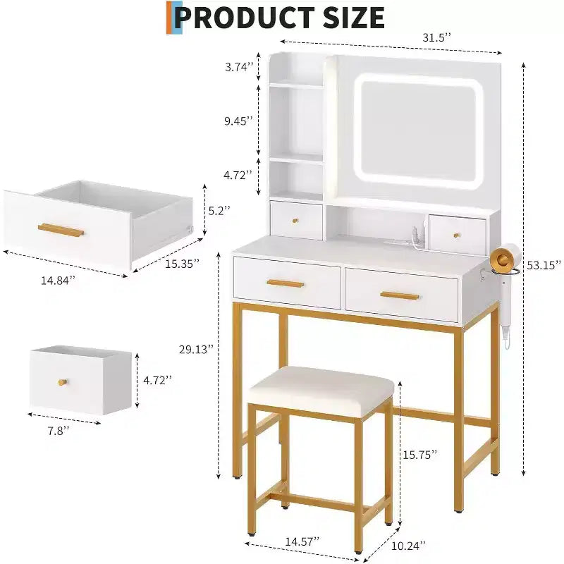 White & Gold LED Vanity Desk with Mirror, 4 Drawers & Charging Station – 1 Person