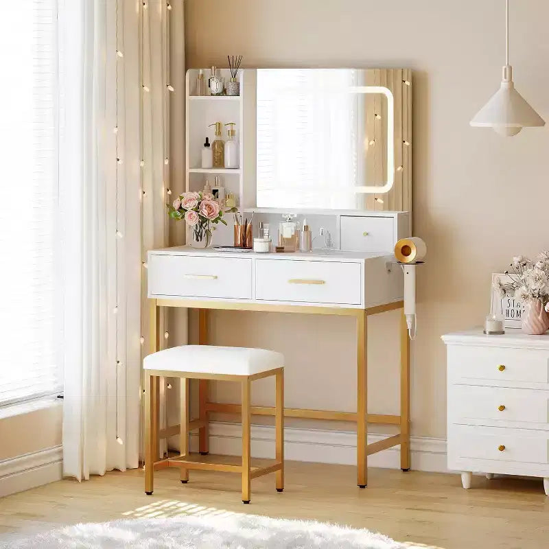 White & Gold LED Vanity Desk with Mirror, 4 Drawers & Charging Station – 1 Person
