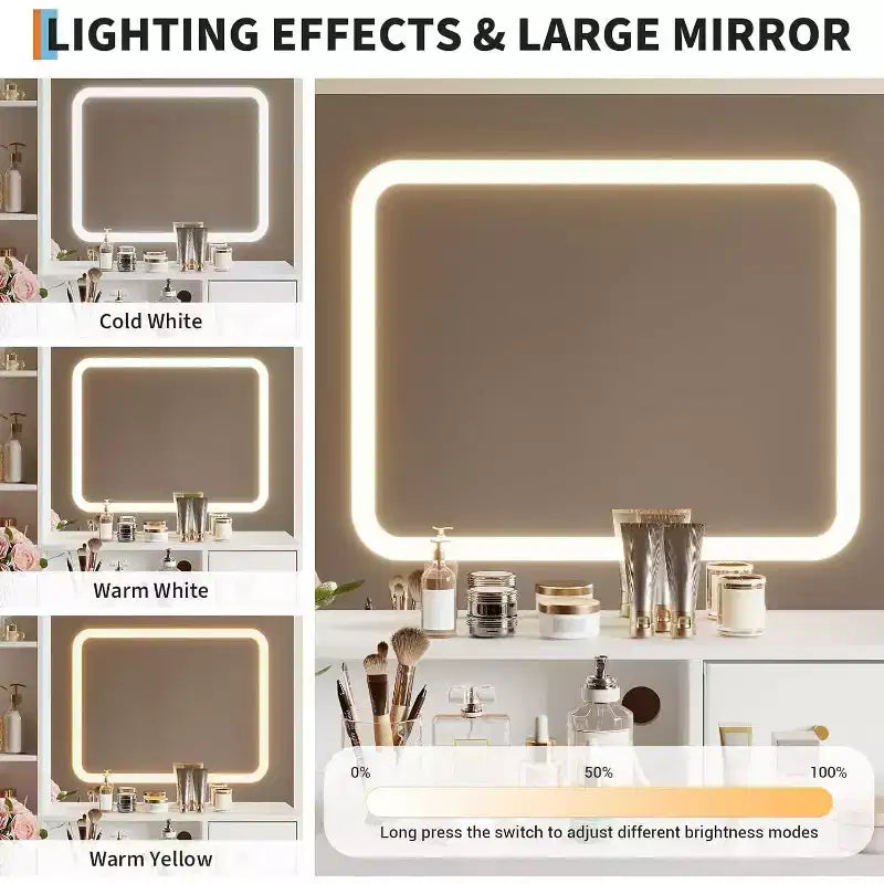 White & Gold LED Vanity Desk with Mirror, 4 Drawers & Charging Station – 1 Person