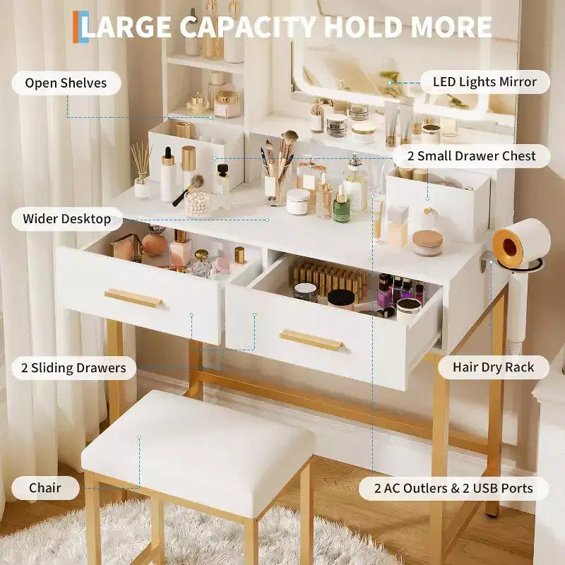 White & Gold LED Vanity Desk with Mirror, 4 Drawers & Charging Station – 1 Person