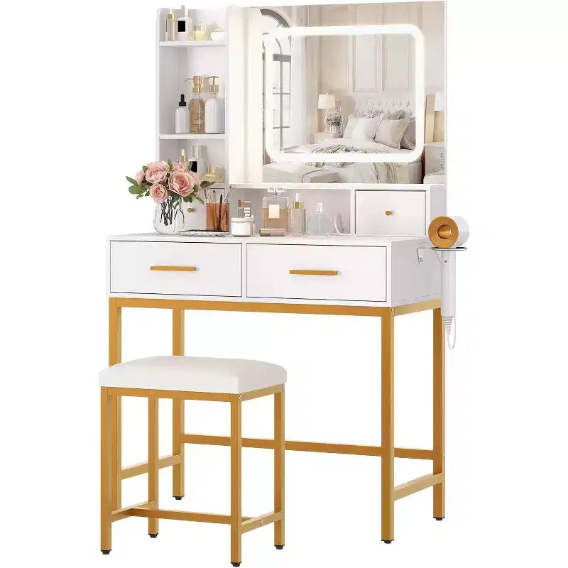 White & Gold LED Vanity Desk with Mirror, 4 Drawers & Charging Station – 1 Person