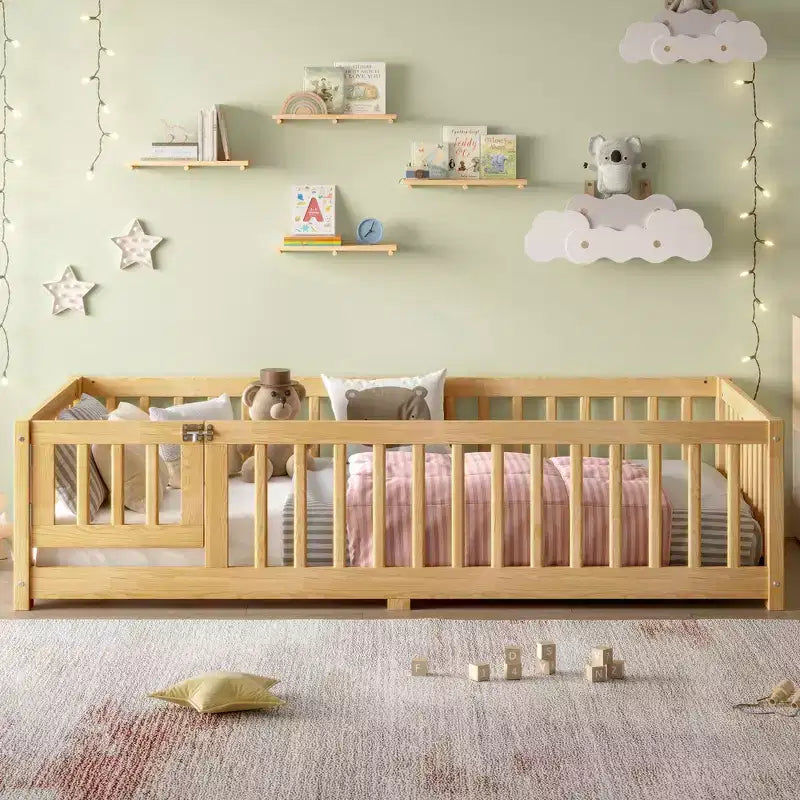 Gray/Natural/White Low-Profile Kids Floor Bed with Guardrails & Door – Twin/Full/Queen, 1–2 Users