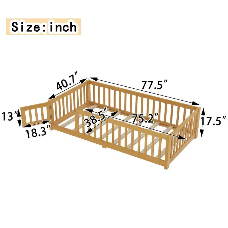 Gray/Natural/White Low-Profile Kids Floor Bed with Guardrails & Door – Twin/Full/Queen, 1–2 Users