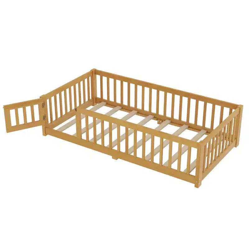 Gray/Natural/White Low-Profile Kids Floor Bed with Guardrails & Door – Twin/Full/Queen, 1–2 Users