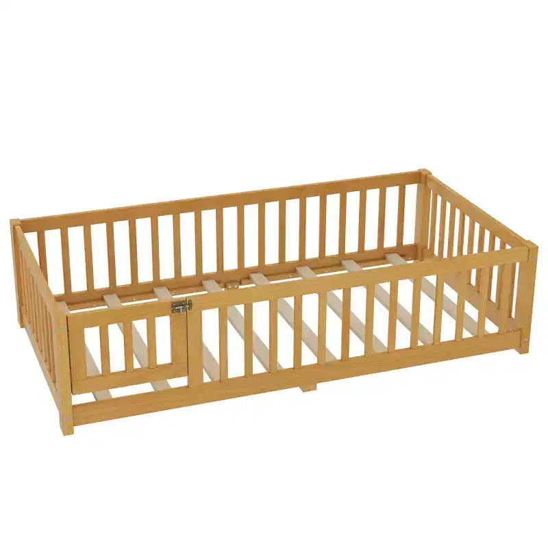 Gray/Natural/White Low-Profile Kids Floor Bed with Guardrails & Door – Twin/Full/Queen, 1–2 Users