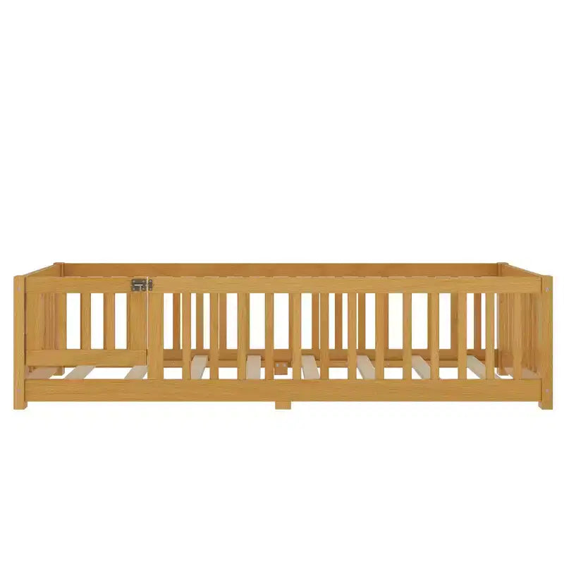 Gray/Natural/White Low-Profile Kids Floor Bed with Guardrails & Door – Twin/Full/Queen, 1–2 Users