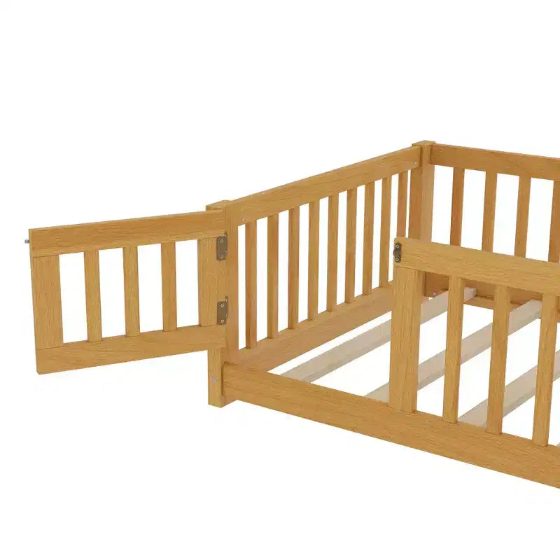 Gray/Natural/White Low-Profile Kids Floor Bed with Guardrails & Door – Twin/Full/Queen, 1–2 Users