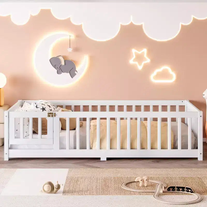 Gray/Natural/White Low-Profile Kids Floor Bed with Guardrails & Door – Twin/Full/Queen, 1–2 Users