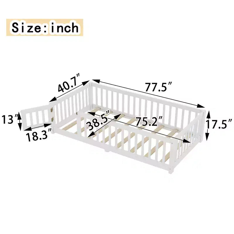 Gray/Natural/White Low-Profile Kids Floor Bed with Guardrails & Door – Twin/Full/Queen, 1–2 Users