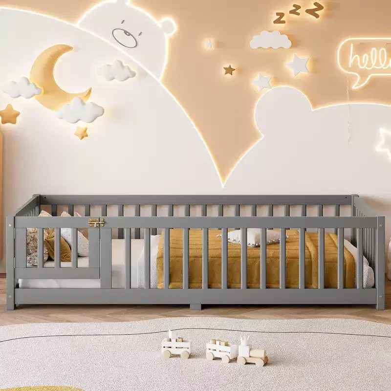 Gray/Natural/White Low-Profile Kids Floor Bed with Guardrails & Door – Twin/Full/Queen, 1–2 Users