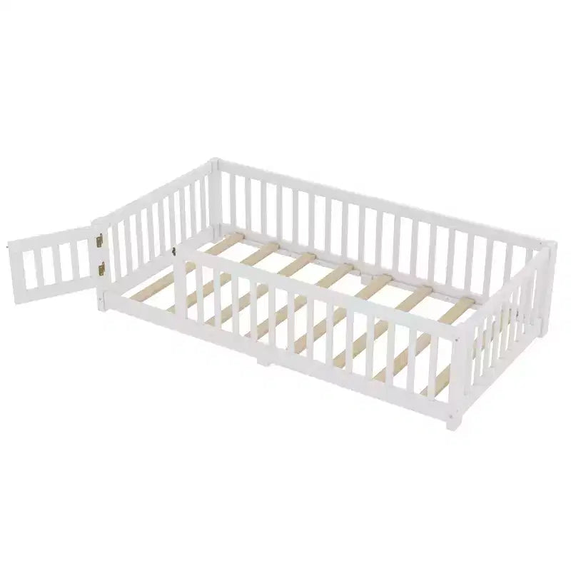 Gray/Natural/White Low-Profile Kids Floor Bed with Guardrails & Door – Twin/Full/Queen, 1–2 Users