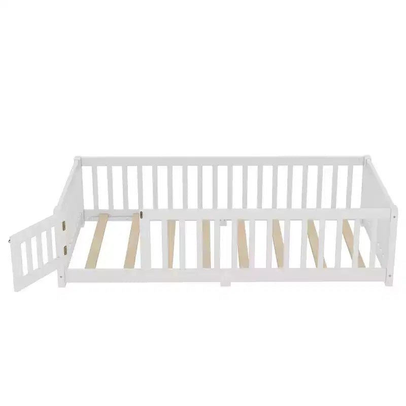 Gray/Natural/White Low-Profile Kids Floor Bed with Guardrails & Door – Twin/Full/Queen, 1–2 Users