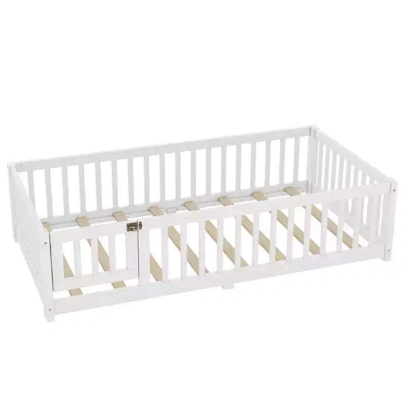 Gray/Natural/White Low-Profile Kids Floor Bed with Guardrails & Door – Twin/Full/Queen, 1–2 Users