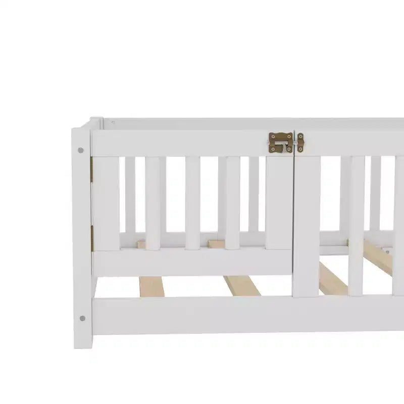 Gray/Natural/White Low-Profile Kids Floor Bed with Guardrails & Door – Twin/Full/Queen, 1–2 Users