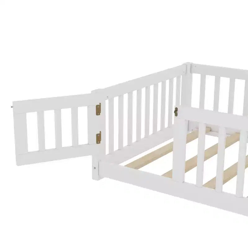 Gray/Natural/White Low-Profile Kids Floor Bed with Guardrails & Door – Twin/Full/Queen, 1–2 Users