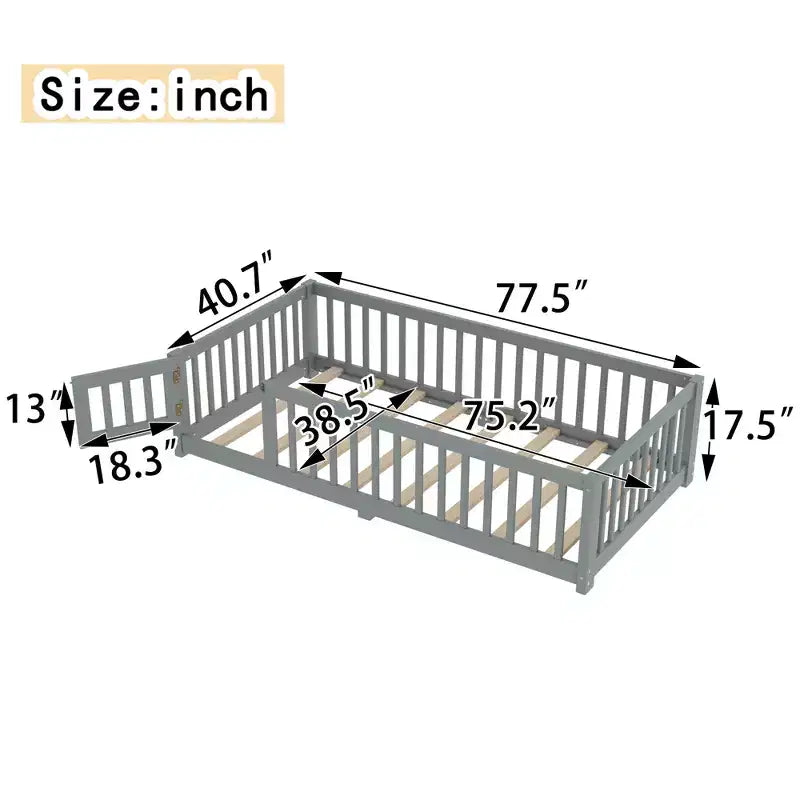 Gray/Natural/White Low-Profile Kids Floor Bed with Guardrails & Door – Twin/Full/Queen, 1–2 Users