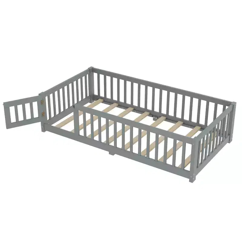 Gray/Natural/White Low-Profile Kids Floor Bed with Guardrails & Door – Twin/Full/Queen, 1–2 Users