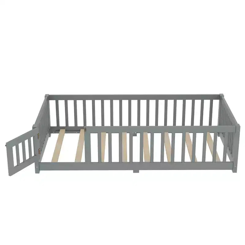 Gray/Natural/White Low-Profile Kids Floor Bed with Guardrails & Door – Twin/Full/Queen, 1–2 Users