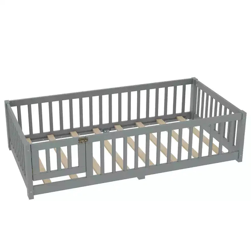 Gray/Natural/White Low-Profile Kids Floor Bed with Guardrails & Door – Twin/Full/Queen, 1–2 Users