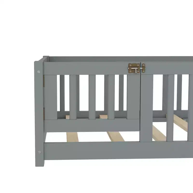 Gray/Natural/White Low-Profile Kids Floor Bed with Guardrails & Door – Twin/Full/Queen, 1–2 Users