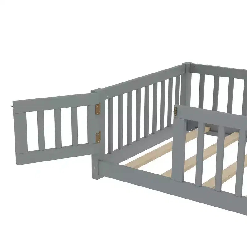 Gray/Natural/White Low-Profile Kids Floor Bed with Guardrails & Door – Twin/Full/Queen, 1–2 Users