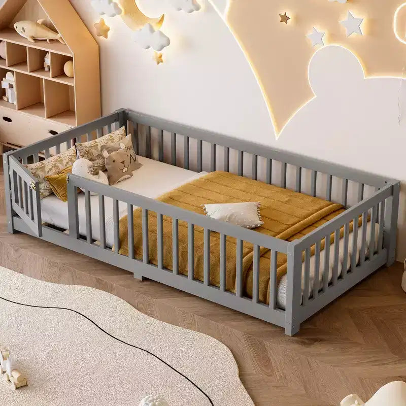 Wooden Floor Bed Frame, Kids Low-Profile Floor Bed, Twin/Full/Queen Size Bed with Safety Guardrails & Door - ModernLuxe