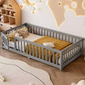 Wooden Floor Bed Frame, Kids Low-Profile Floor Bed, Twin/Full/Queen Size Bed with Safety Guardrails & Door - ModernLuxe