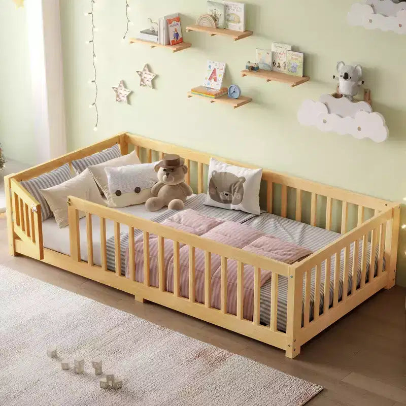 Gray/Natural/White Low-Profile Kids Floor Bed with Guardrails & Door – Twin/Full/Queen, 1–2 Users