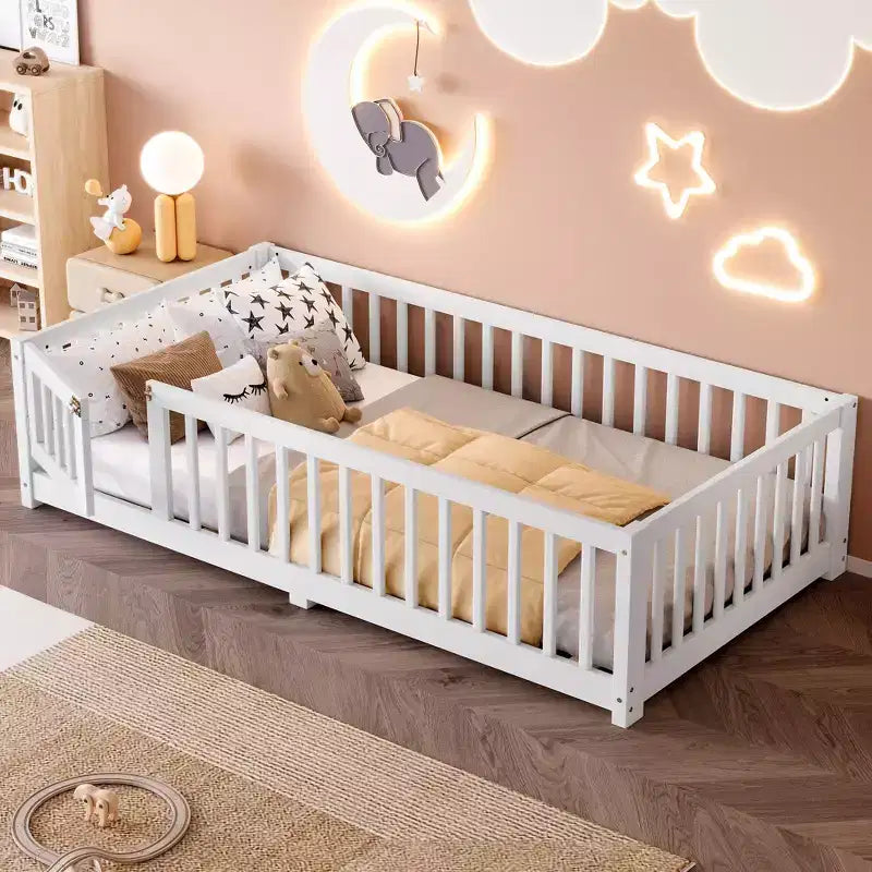 Gray/Natural/White Low-Profile Kids Floor Bed with Guardrails & Door – Twin/Full/Queen, 1–2 Users