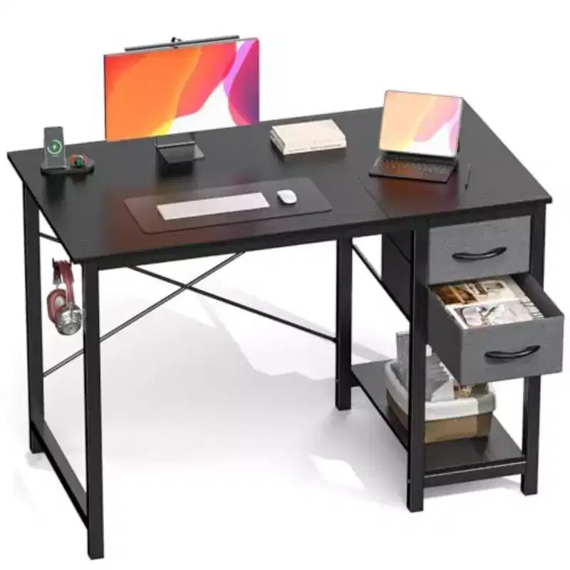 Black / Brown Narrow Writing Desk with 2 Fabric Drawers & Shelf, 40 / 47 Inch, 1-Person