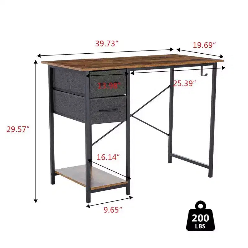 Black / Brown Narrow Writing Desk with 2 Fabric Drawers & Shelf, 40 / 47 Inch, 1-Person
