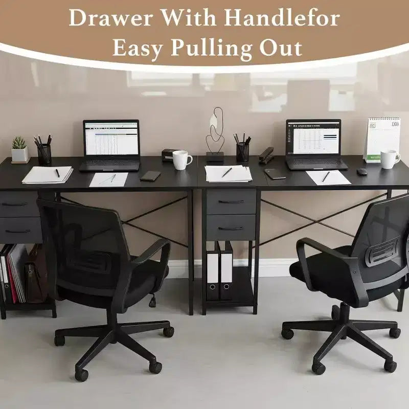 Black / Brown Narrow Writing Desk with 2 Fabric Drawers & Shelf, 40 / 47 Inch, 1-Person
